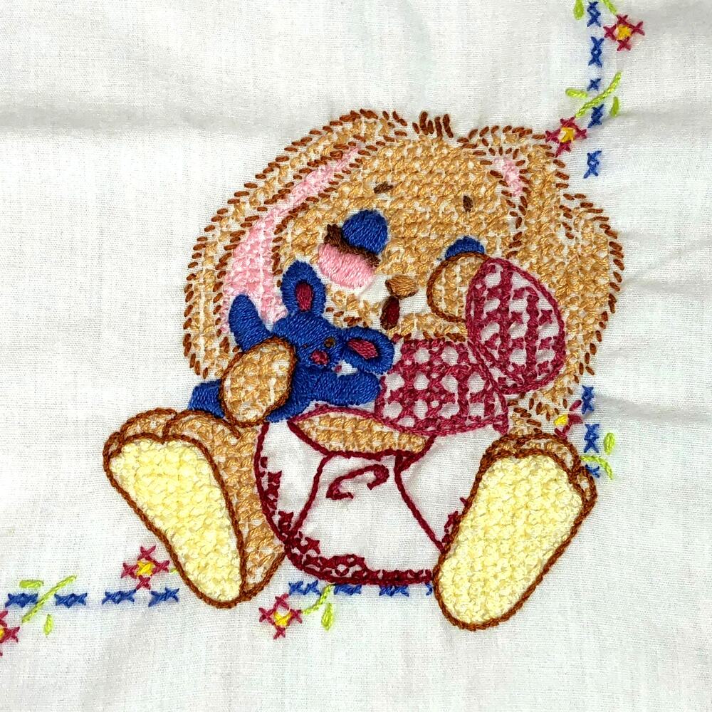 Vintage Embroidered Bunny Rabbit Baby Pillowcase, Handmade - Picture 2 of 10